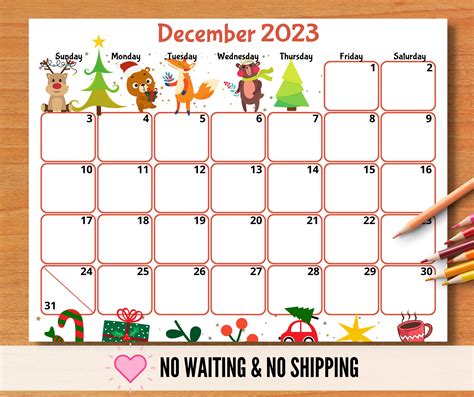 december 2023 calendar printable free kids